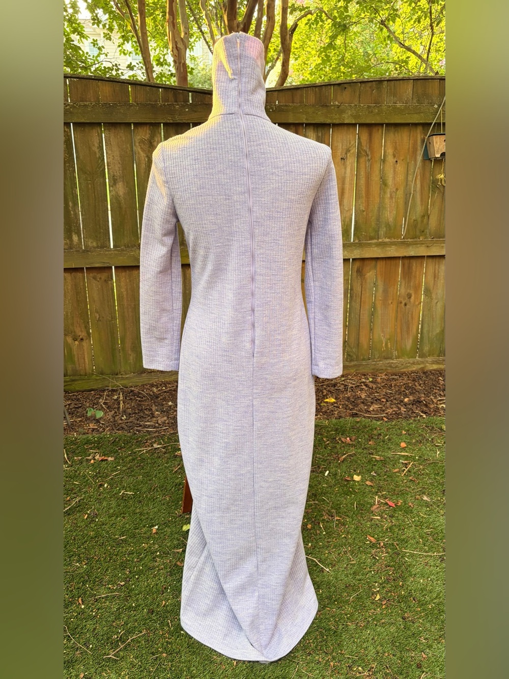 Vintage 60s 70s Lavender Ribbed Knit Maxi Dress Turtleneck Mod Column Gown - Picture 3 of 11